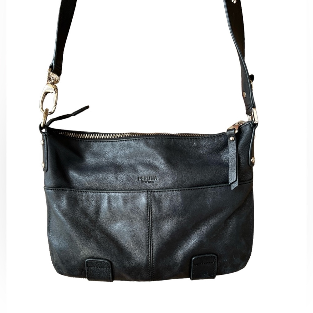 Perlina New York Black Leather Purse Adjustable Crossbody or Shoulder Length
